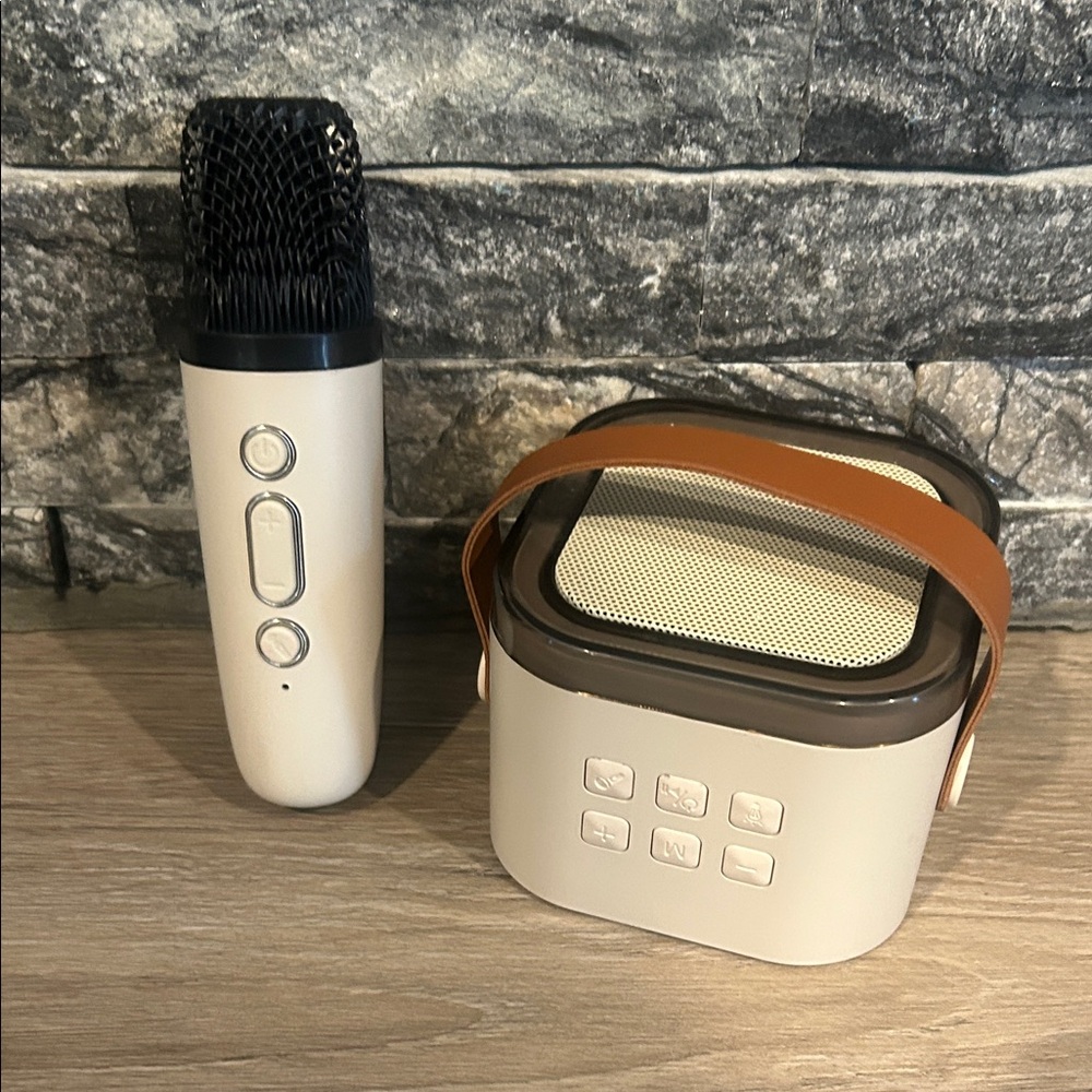 Beige Wireless Karaoke Microphone‎ and Bluetooth Speaker Set
